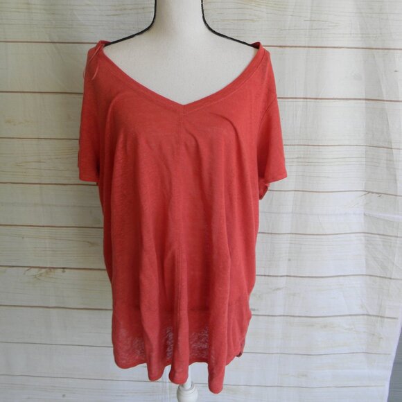 TAHARI 100% LINEN CORAL ORANGE/RED SHORT SLV V-NECK TSHIRT TOP SZ 1X TUNIC - Picture 1 of 3